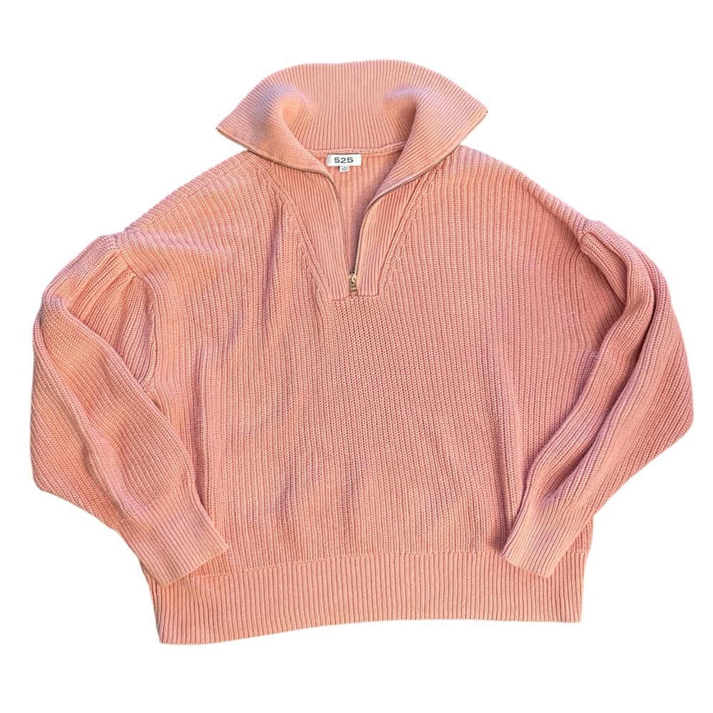 525 AMERICA 100% Cotton Pink Sands Puff Sleeve Half Zip Pullover Sweater Size M - Picture 3 of 6